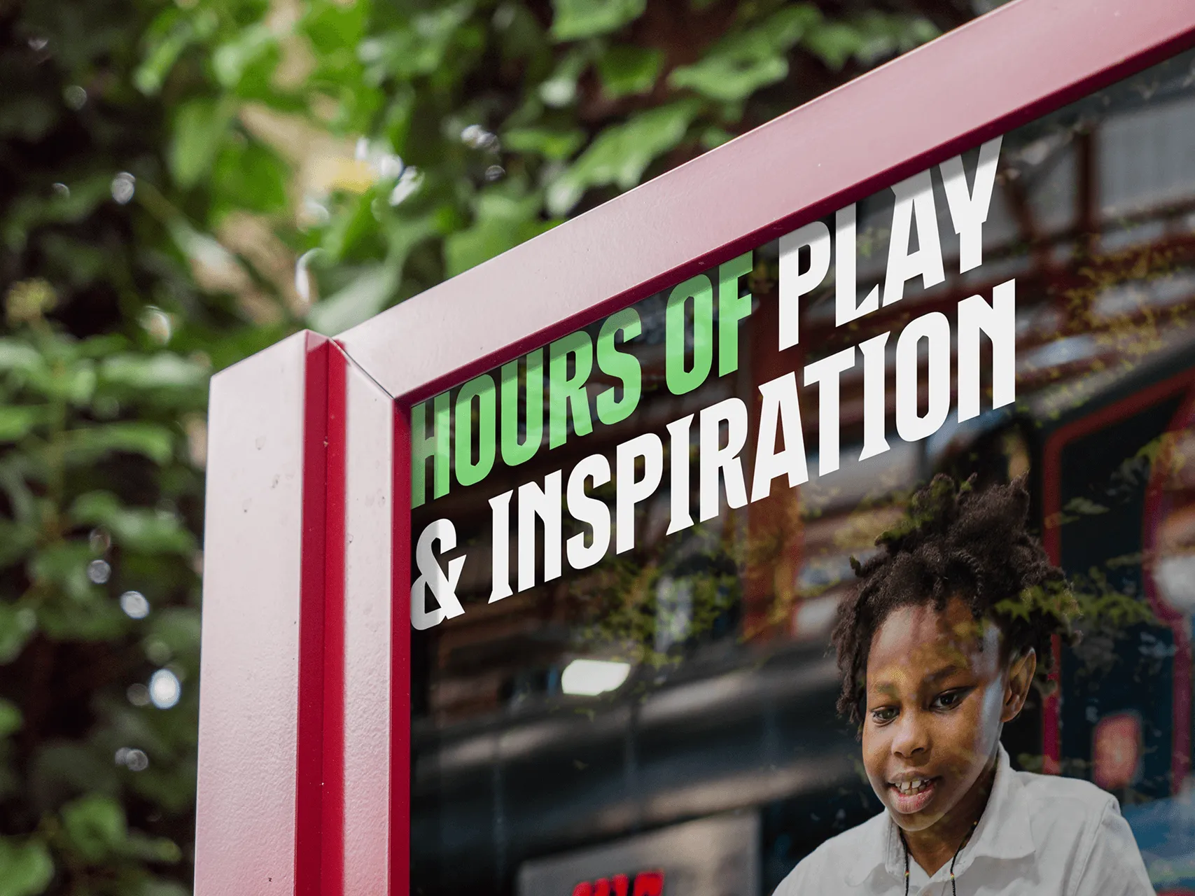 Close up of our Ironbridge Valley of Invention billboard, with a caption saying "Hours of play & Inspiration"