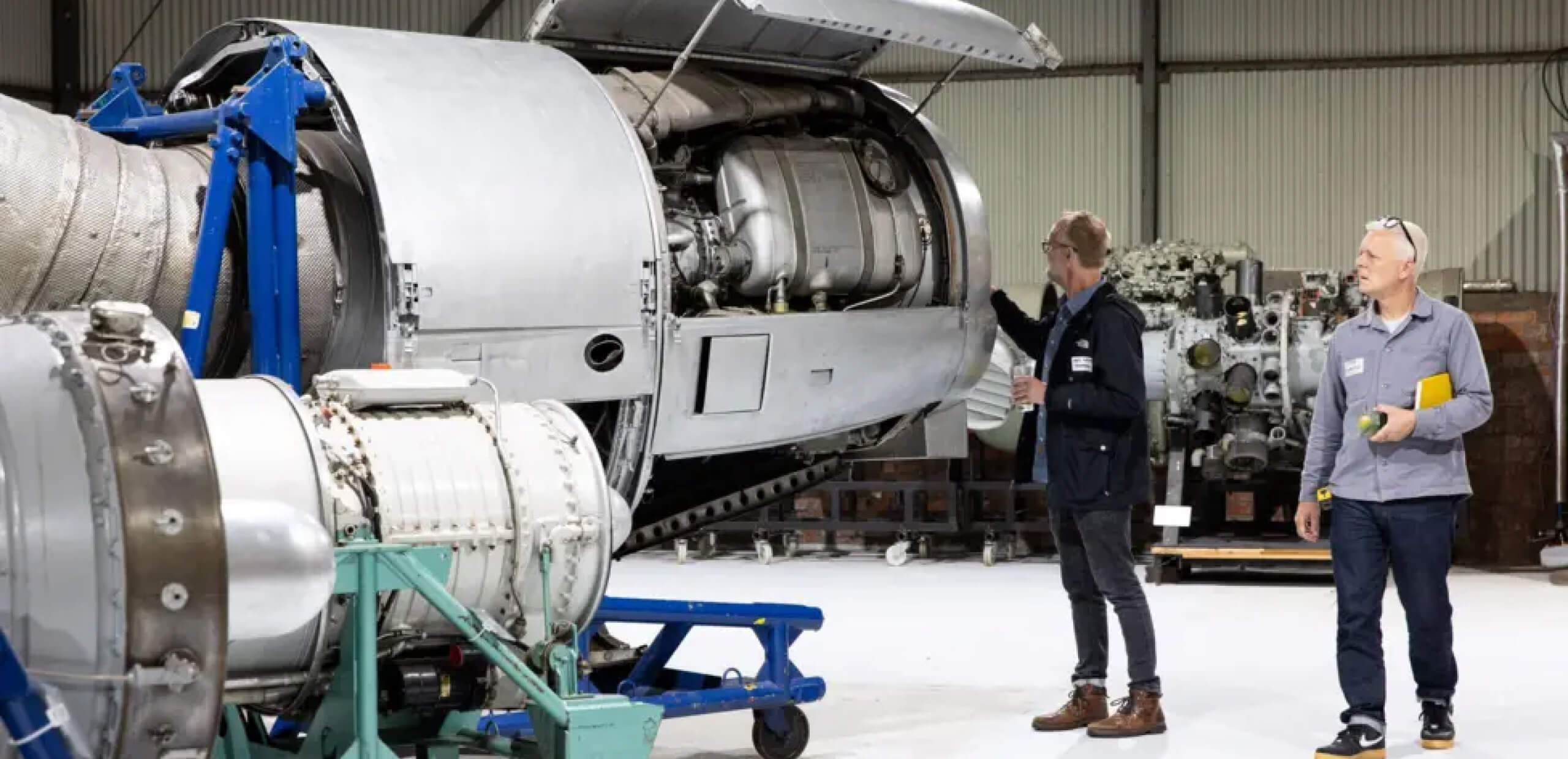 Benji and Ezra looking at engines at Aerospace Bristol